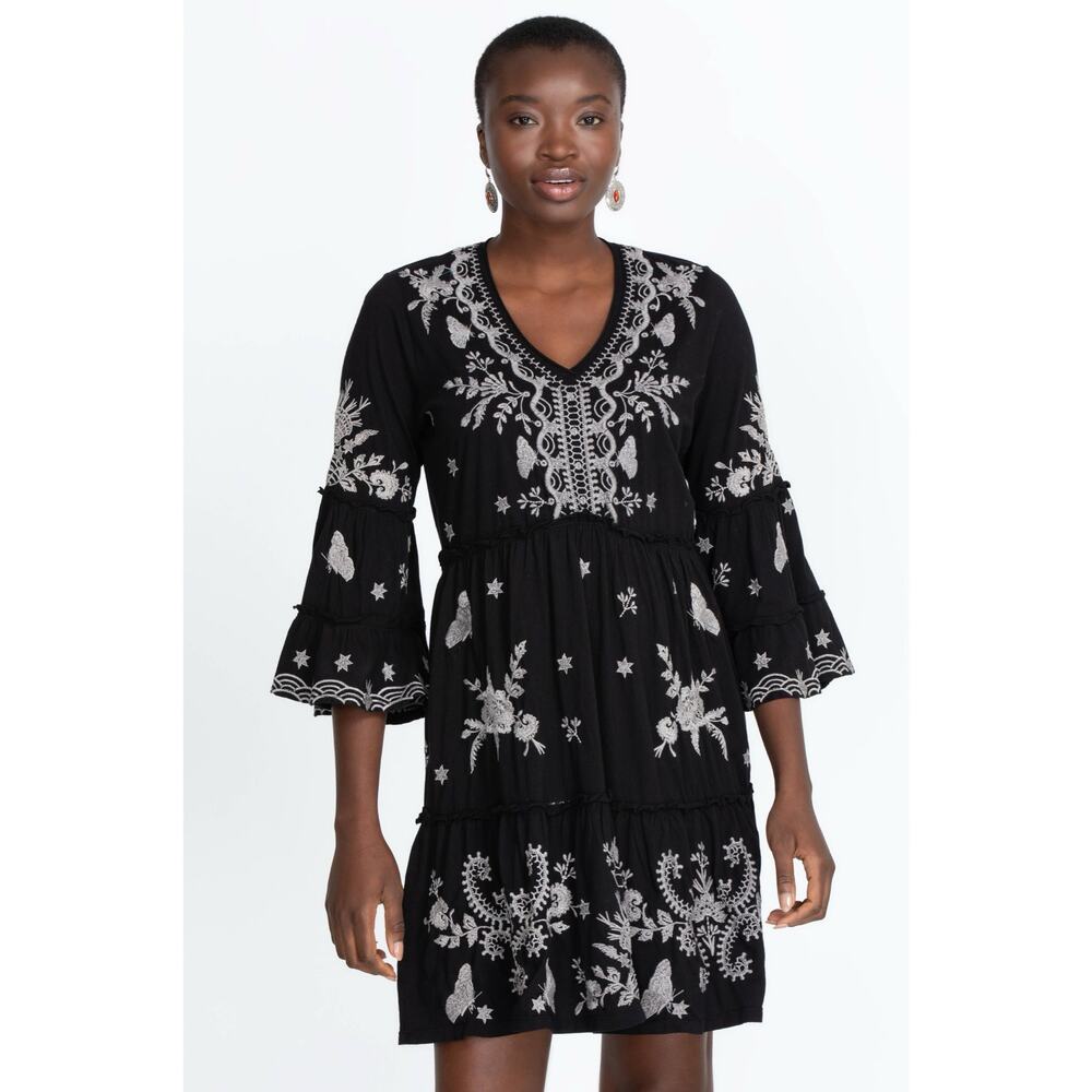 JOHNNY WAS ARZELLA KNIT EASY TIERED DRESS Size XS Embroidered Black White Cotton